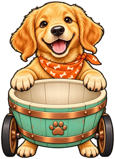 Barking Puppy gripping the rim of a copper-banded treat barrel